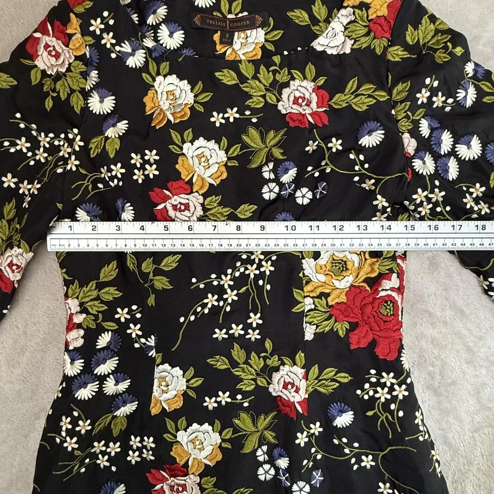 Trelise Cooper Dress 6 Black Silk Embroidered Floral Boston Tee Party‎ READ